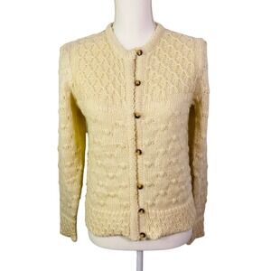 VTG Ginenne Cardigan Sweater Cable Knit Popcorn Stitch Women's M Cream Ivory‎